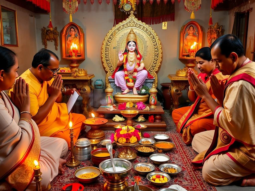 Devotos realizando puja com oferendas de flores, incenso e alimentos