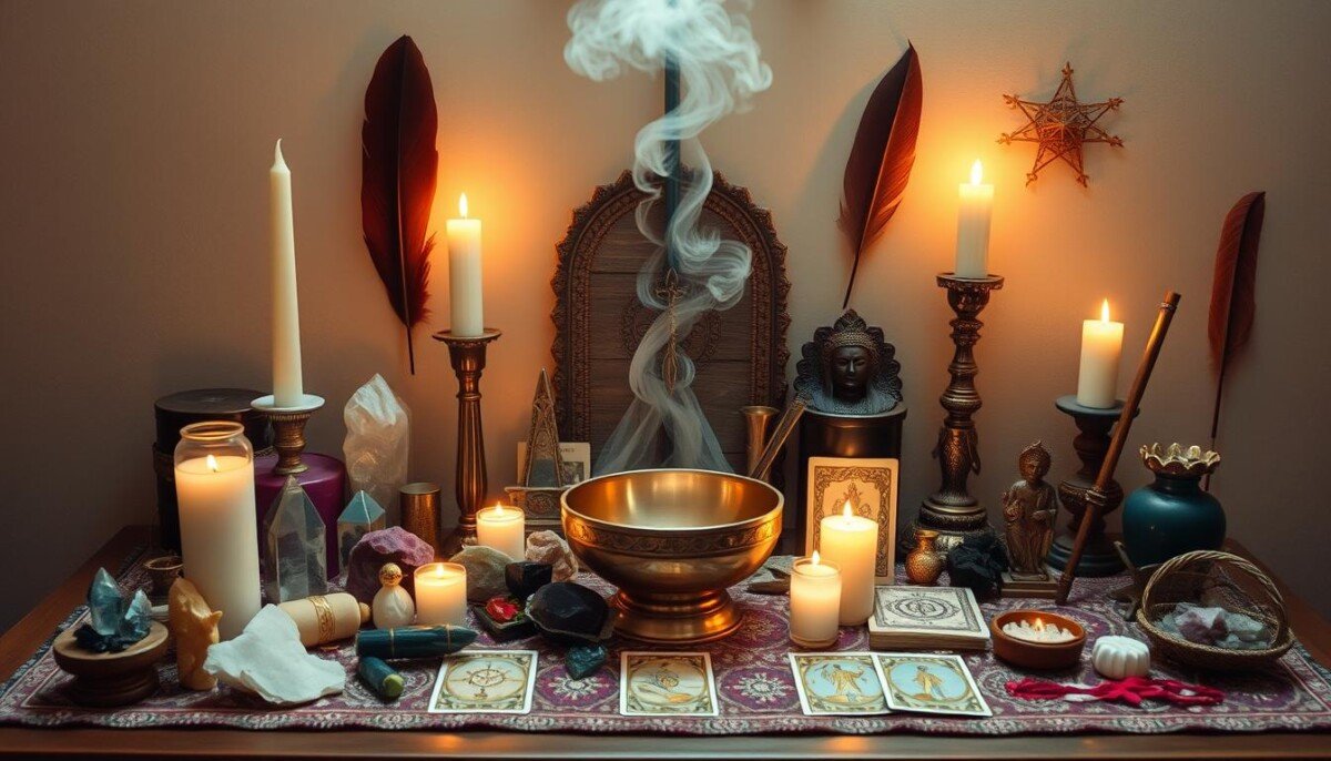 regras na umbanda Altar espiritual com diversos objetos sagrados de várias tradições