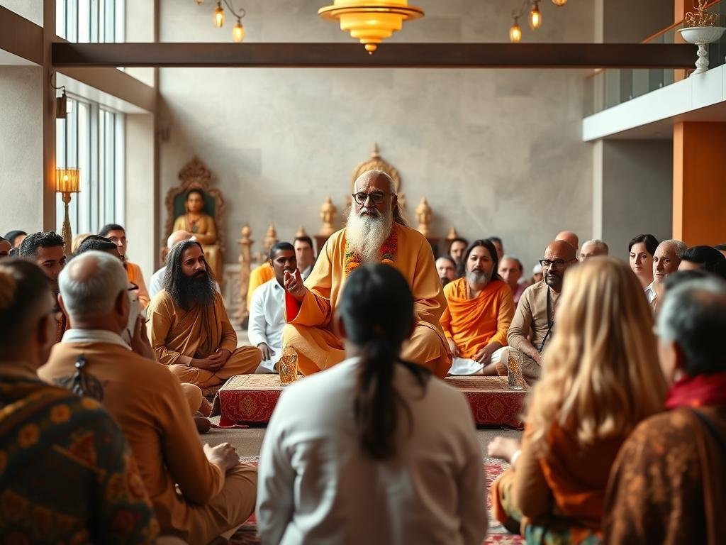 Guru contemporâneo com seguidores internacionais em centro espiritual moderno