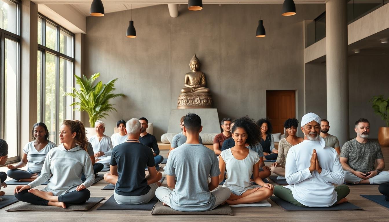 Centro de meditação budista ocidental com praticantes de diversas origens étnicas