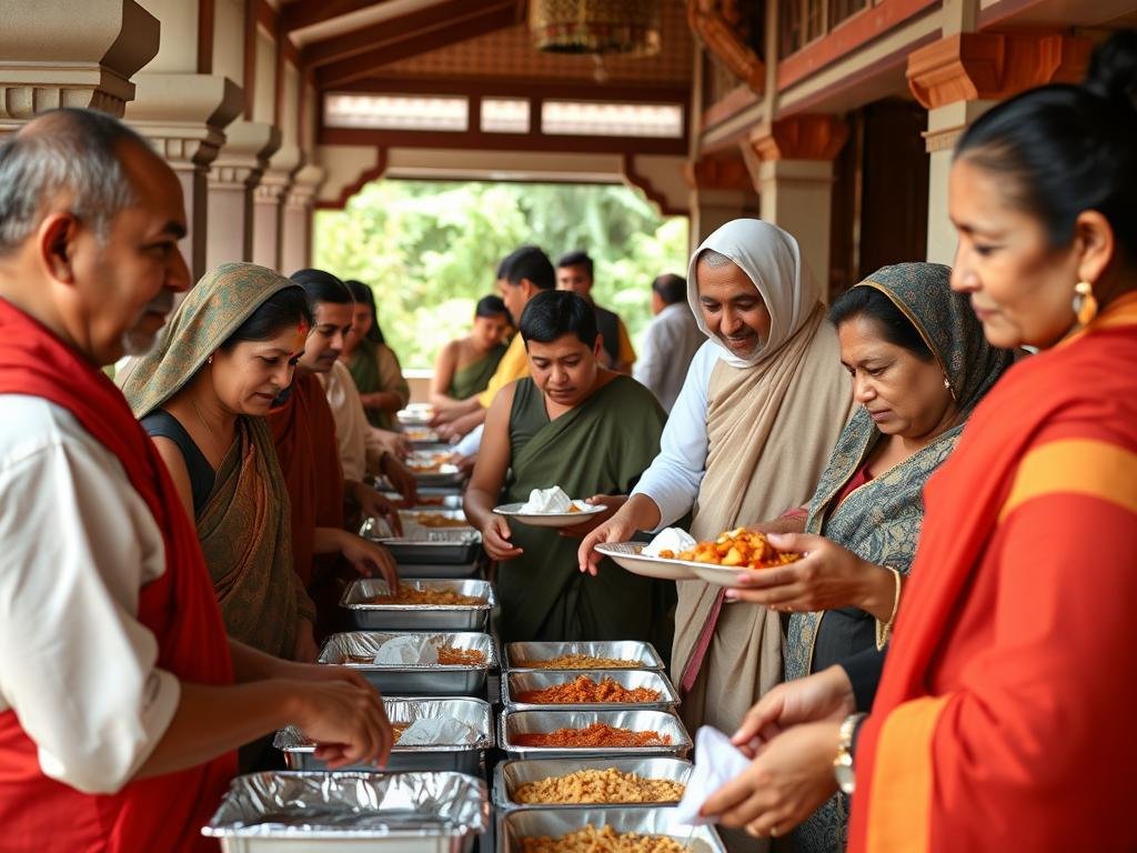 Voluntários de tradição oriental servindo refeições comunitárias para necessitados