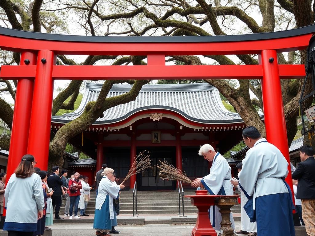 Santuário xintoísta com portões torii vermelhos e ritual de purificação tradicional
