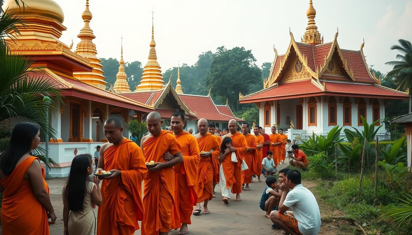 Templo budista Theravada com monges em procissão de esmolas matinal