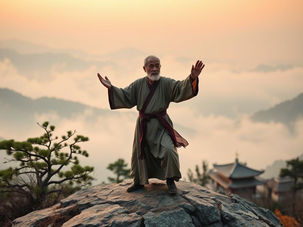 Mestre taoísta praticando tai chi em montanha com paisagem natural