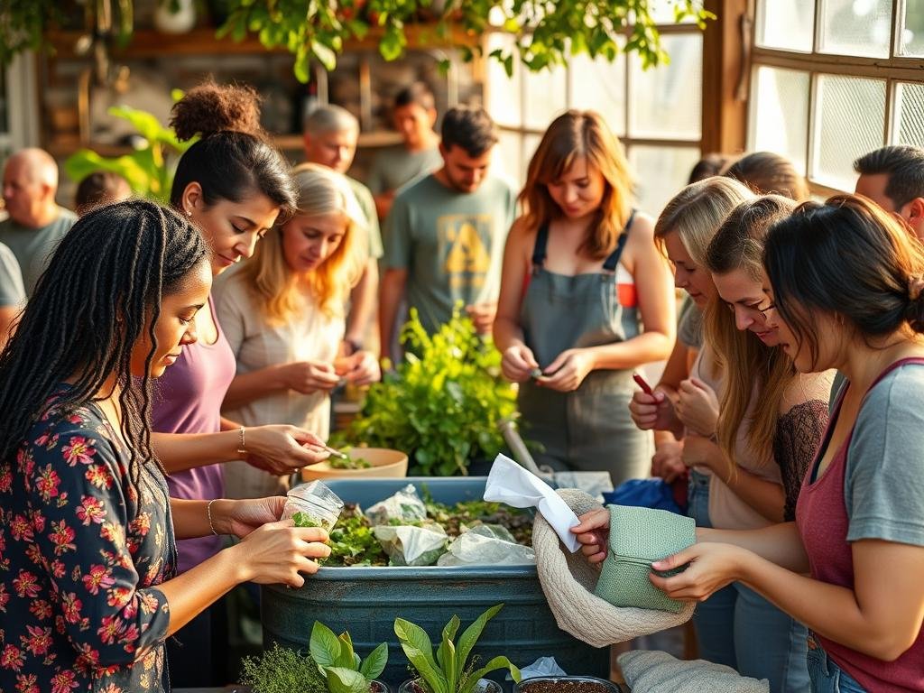 Grupo diverso praticando slow living e consumo consciente em comunidade