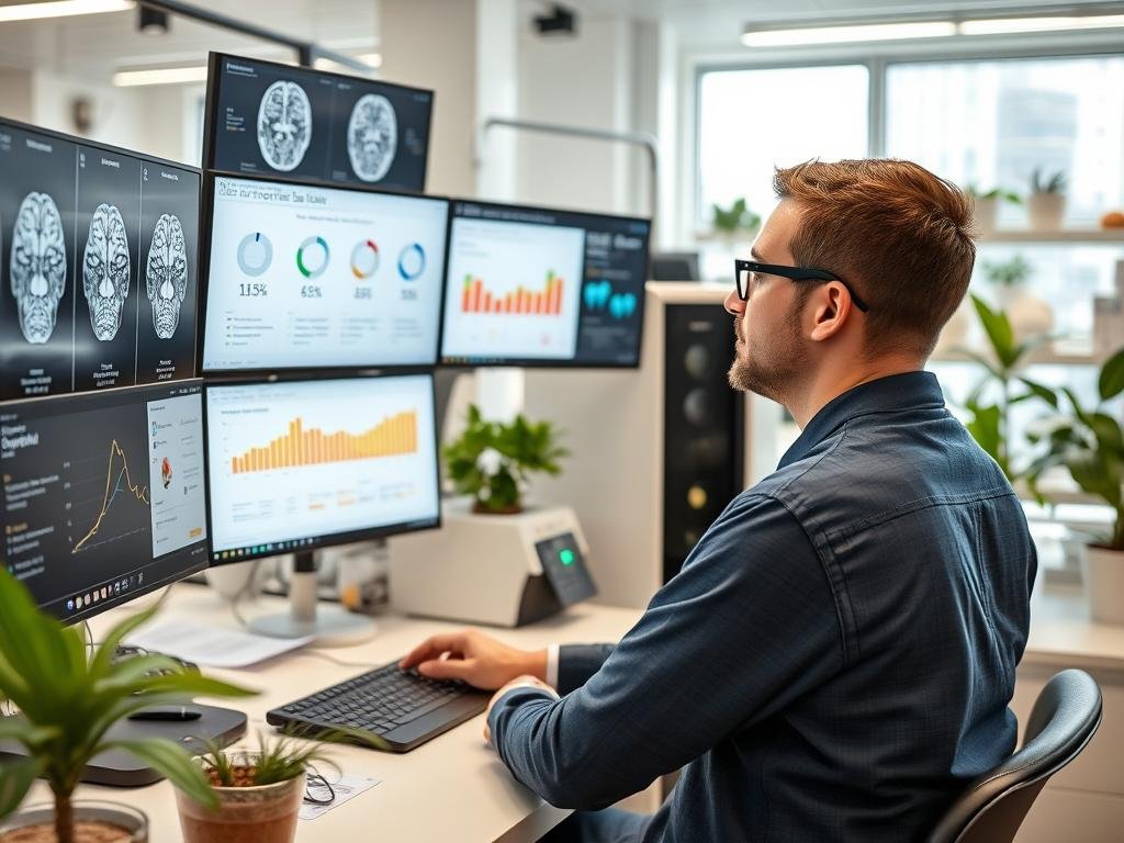 Pesquisador analisando dados sobre benefícios do estilo consciente para saúde mental