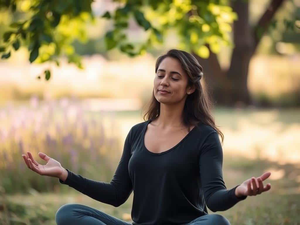 Pessoa meditando em ambiente tranquilo representando equilíbrio emocional