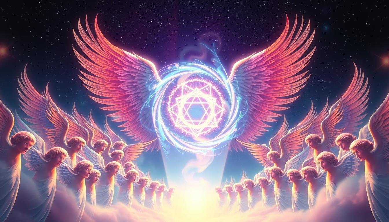 A vibrant, ethereal depiction of the 72 Angels of the Kabbalah, rendered in a soft, glowing light. In the foreground, a celestial host of angelic figures, each with distinct features and intricate, intricate wings. In the middle ground, a swirling, nebulous vortex of energy, hinting at the mystical powers of these divine beings. In the background, a vast, starry sky, suggesting the infinite expanse of the spiritual realms. The overall atmosphere is one of reverence, wonder, and a deep connection to the divine. The composition is balanced and harmonious, drawing the viewer into the esoteric world of the Kabbalah.