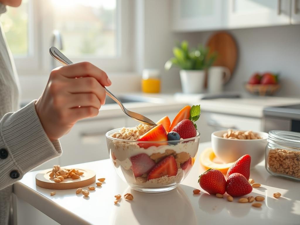 Pessoa preparando um café da manhã nutritivo como parte da rotina matinal