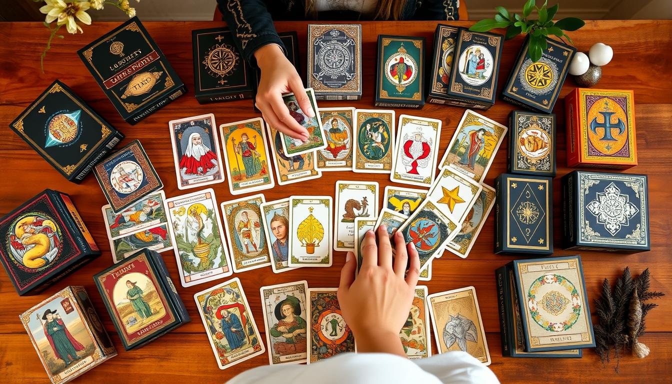 Pessoa examinando diferentes baralhos de tarot espalhados sobre uma mesa, demonstrando o processo de escolha