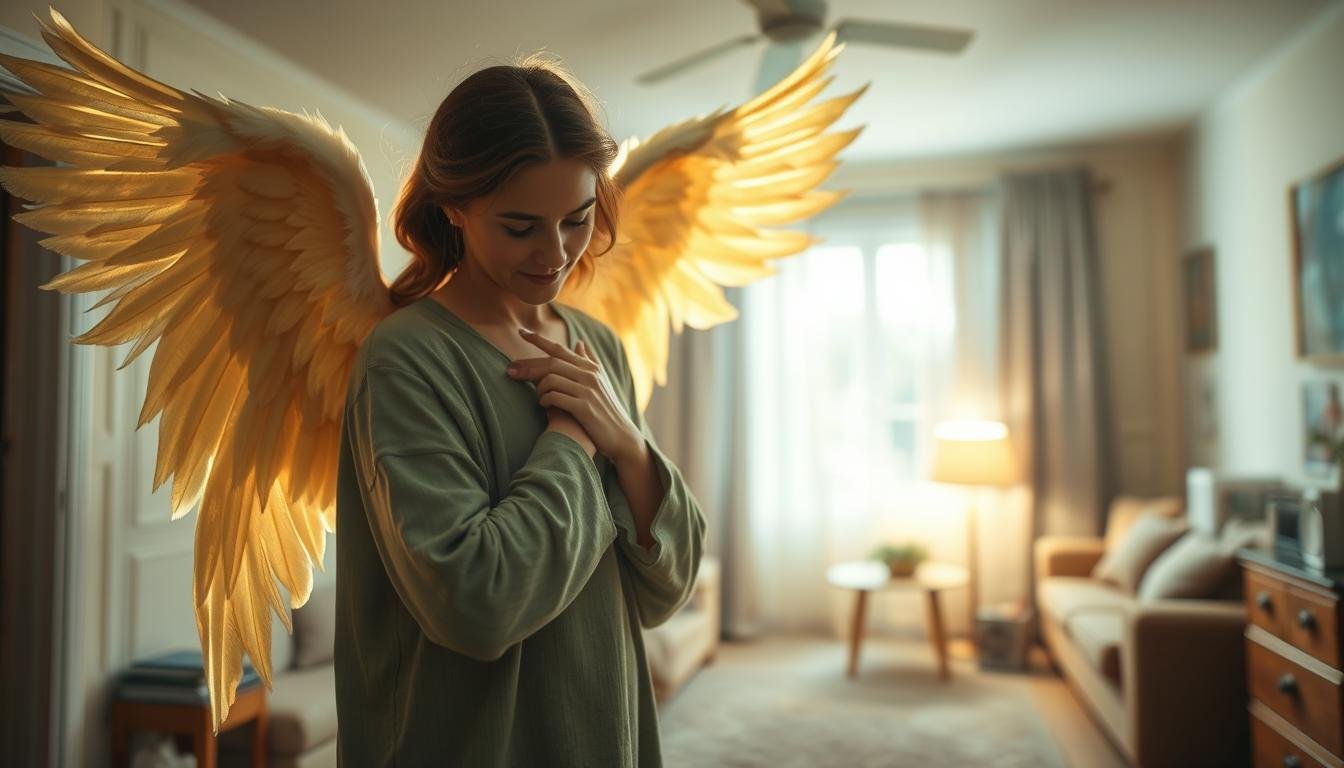 A serene and luminous scene depicting angelic protection in the everyday. In the foreground, an angel with radiant wings and a soft, compassionate gaze hovers over a person, shielding them with an aura of golden light. The middle ground reveals a tranquil domestic setting, with simple furnishings and a sense of comfort and security. The background is gently blurred, conveying a sense of the divine beyond the physical realm. The lighting is warm and diffused, creating an atmosphere of peace and reassurance. Capture this scene with a wide-angle lens, emphasizing the angel's sheltering presence and the overall feeling of spiritual safeguarding in the midst of daily life.