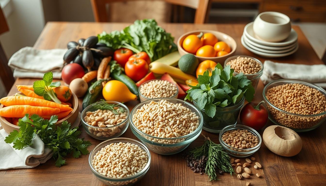 Mesa com alimentos naturais e orgânicos representando nutrição consciente