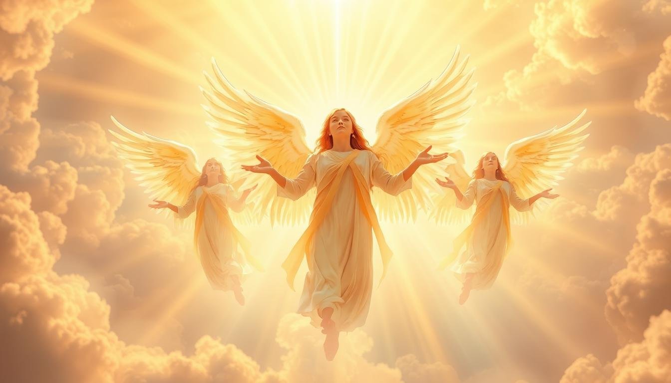 A soaring, ethereal scene depicting three celestial archangels. In the luminous foreground, the archangels manifest as radiant, humanoid figures with magnificent wings outstretched, bathed in a warm, heavenly glow. Their expressions are serene and benevolent, conveying a sense of divine grace and compassion. The archangels are positioned against a vast, swirling background of iridescent clouds and shimmering rays of golden light, suggesting a realm beyond the mortal plane. The composition evokes a profound sense of awe and reverence, capturing the essence of the archangels as divine messengers and guardians.