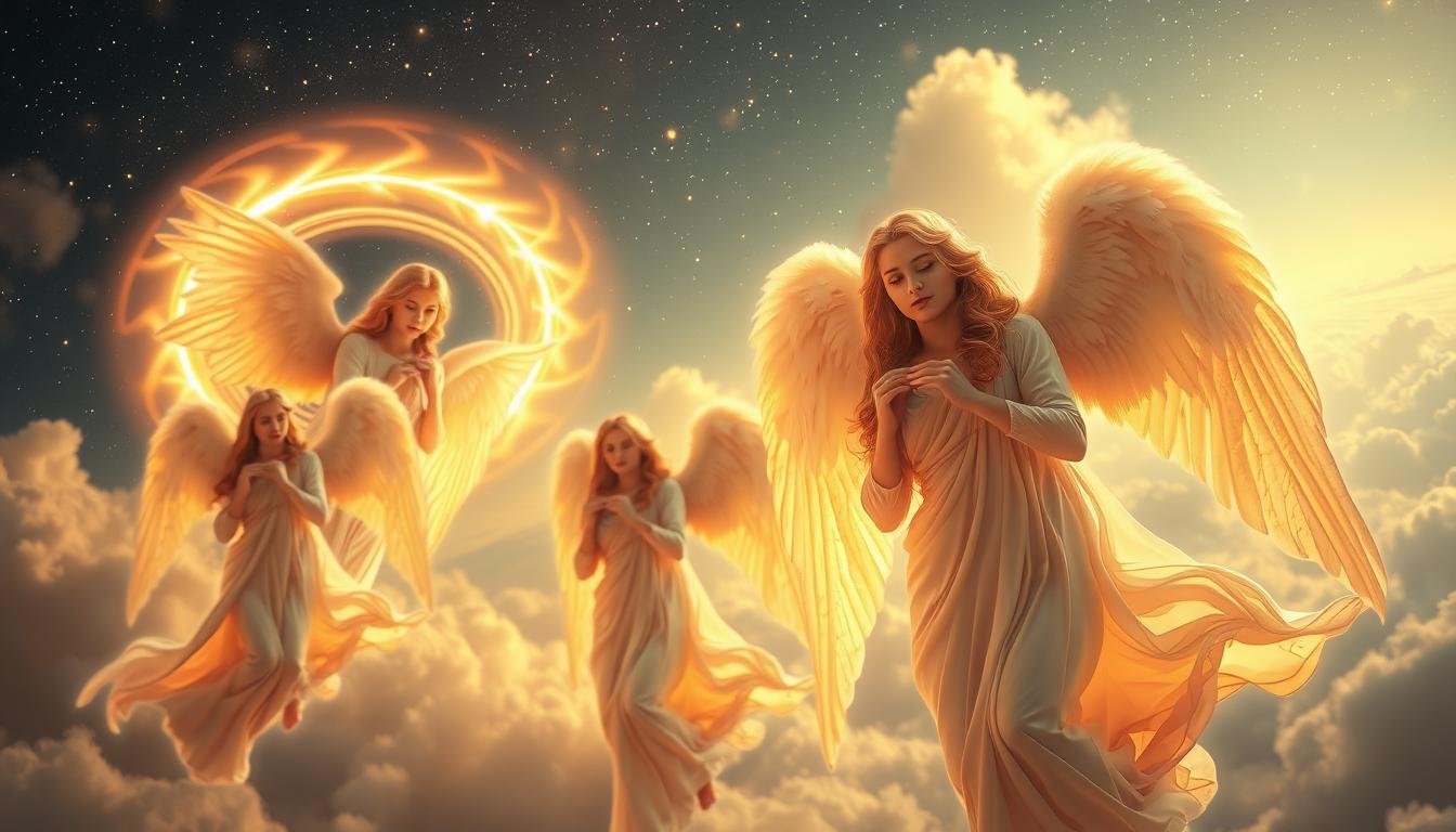 A vibrant celestial scene depicting angels from popular culture, set against a glowing, ethereal backdrop. In the foreground, angelic figures in flowing, ethereal robes with delicate, feathered wings descend from the heavens, their faces radiating a serene, otherworldly beauty. In the middle ground, a swirling, luminescent aura of golden light envelops the angels, casting a warm, mystical glow. In the background, a vast, star-filled sky with hazy, nebulous clouds serves as a majestic, otherworldly setting, evoking a sense of wonder and divine presence. The overall composition conveys a sense of reverence, spirituality, and the enduring fascination with angelic beings in popular culture.
