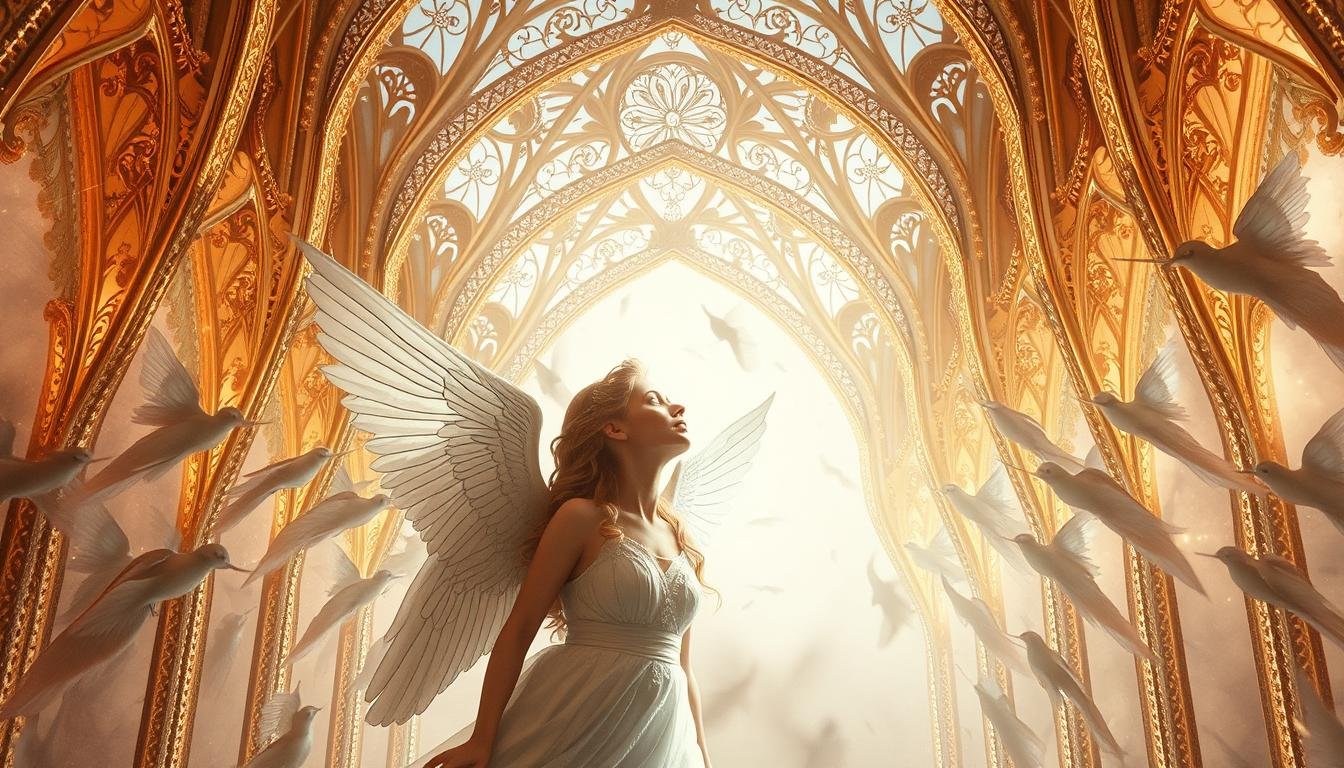Intricate angelic structure, a divine tapestry of celestial forms. Shimmering golden archways and ethereal wings, intertwined in a harmonious dance. Soft, diffused lighting casts a warm, reverent glow, accentuating the delicate patterns and intricate details. In the foreground, a central focal point emerges - a radiant, ethereal angel, its face serene and tranquil, gazing skyward with a sense of profound contemplation. The middle ground is filled with cascading tendrils of light, weaving between the angelic structures, creating a sense of depth and movement. The background fades into a hazy, otherworldly realm, hinting at the boundless nature of the celestial realm. An atmosphere of profound spirituality and divine wonder permeates the scene.