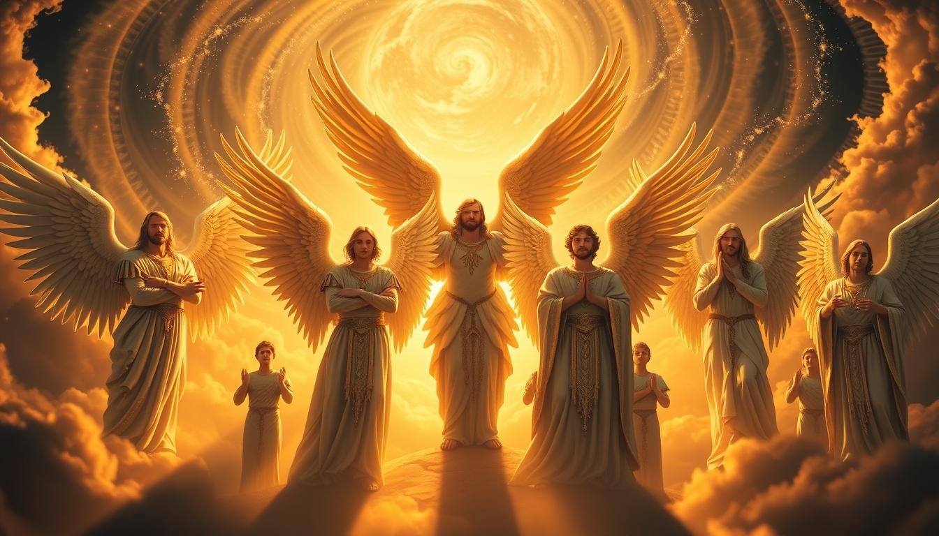 A majestic gathering of the seven principal Archangels, standing in a celestial realm bathed in warm golden light. In the foreground, the towering figures of Michael, Gabriel, Raphael, and Uriel radiate power and divine purpose, their wings unfurled in a harmonious display. In the middle ground, Chamuel, Jophiel, and Zadkiel observe solemnly, their expressions serene and their hands raised in benediction. The background is a swirling, ethereal landscape of clouds and shimmering energy, hinting at the boundless nature of the angelic hierarchy. The scene conveys a sense of reverence, wisdom, and the orchestrated harmony of the Heavenly Host.