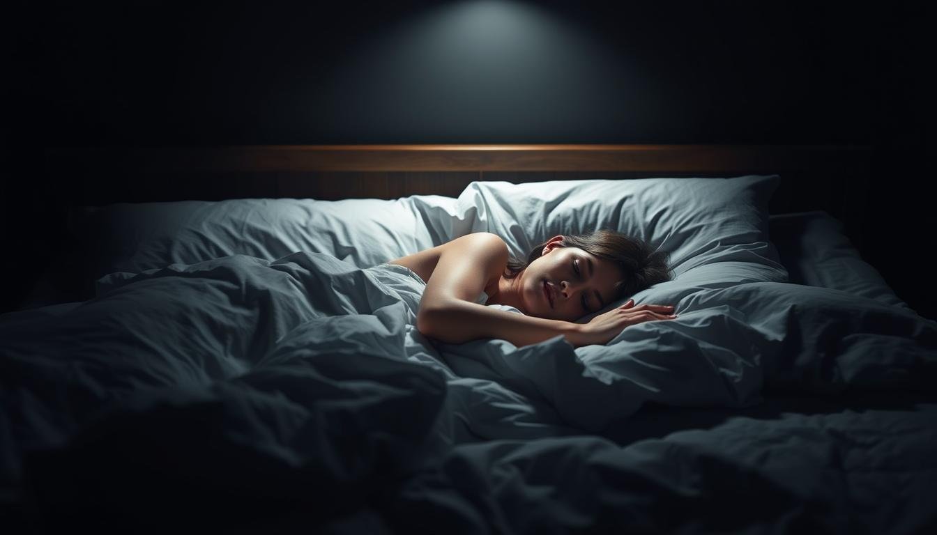 Pessoa dormindo profundamente em um quarto escuro e aconchegante, demonstrando a importância do sono e recuperação