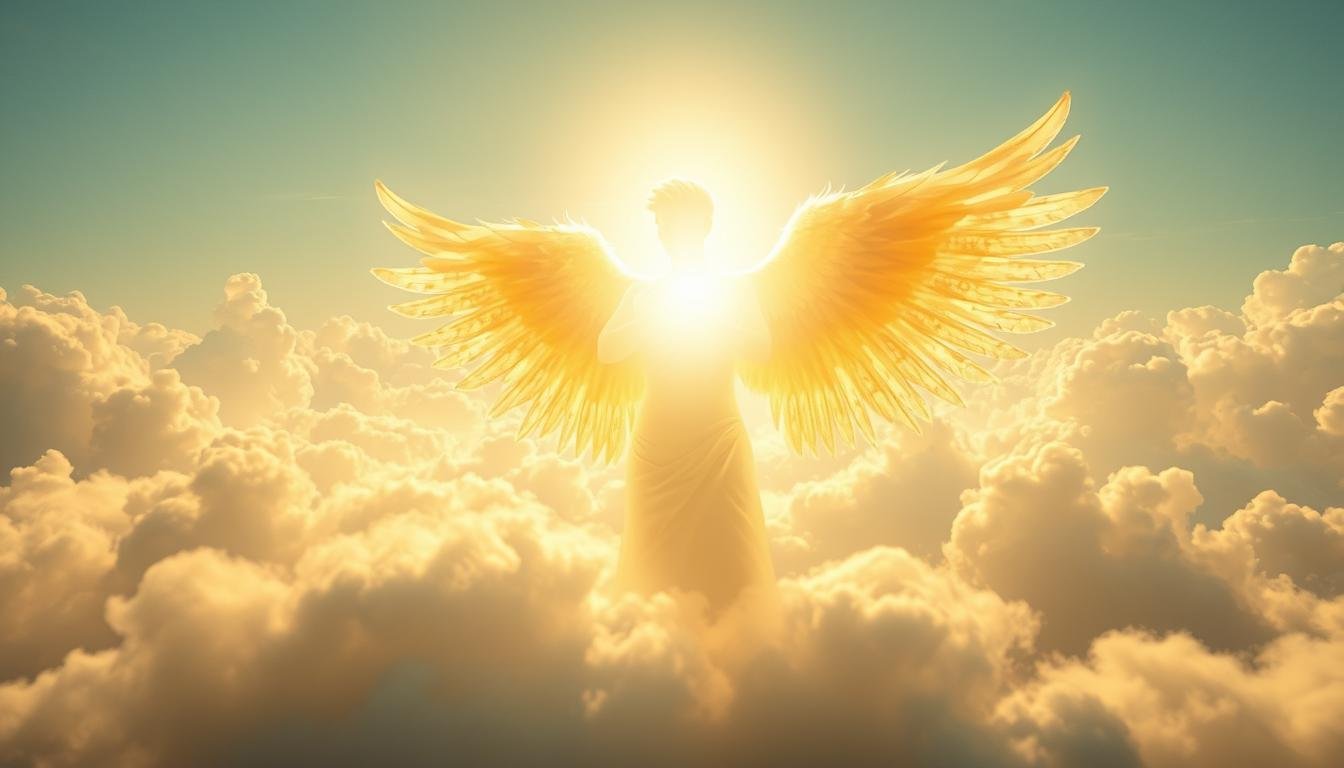 A luminous, angelic presence hovers over a serene, ethereal landscape. Billowing clouds of gossamer white fill the sky, bathed in a warm, golden glow. In the foreground, a resplendent, humanoid figure radiates a celestial light, their features indistinct yet emanating a sense of profound wisdom and benevolence. Intricate, feathered wings extend from their back, casting a soft, shimmering shadow upon the ground below. The overall atmosphere conveys a profound sense of tranquility, spiritual enlightenment, and the guiding influence of divine forces in the everyday lives of mortals.