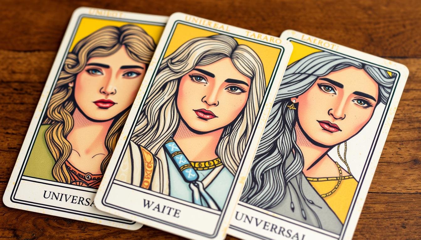 Cartas do Tarô Universal mostrando as ilustrações de Pamela Colman Smith com cores mais suaves e detalhadas.