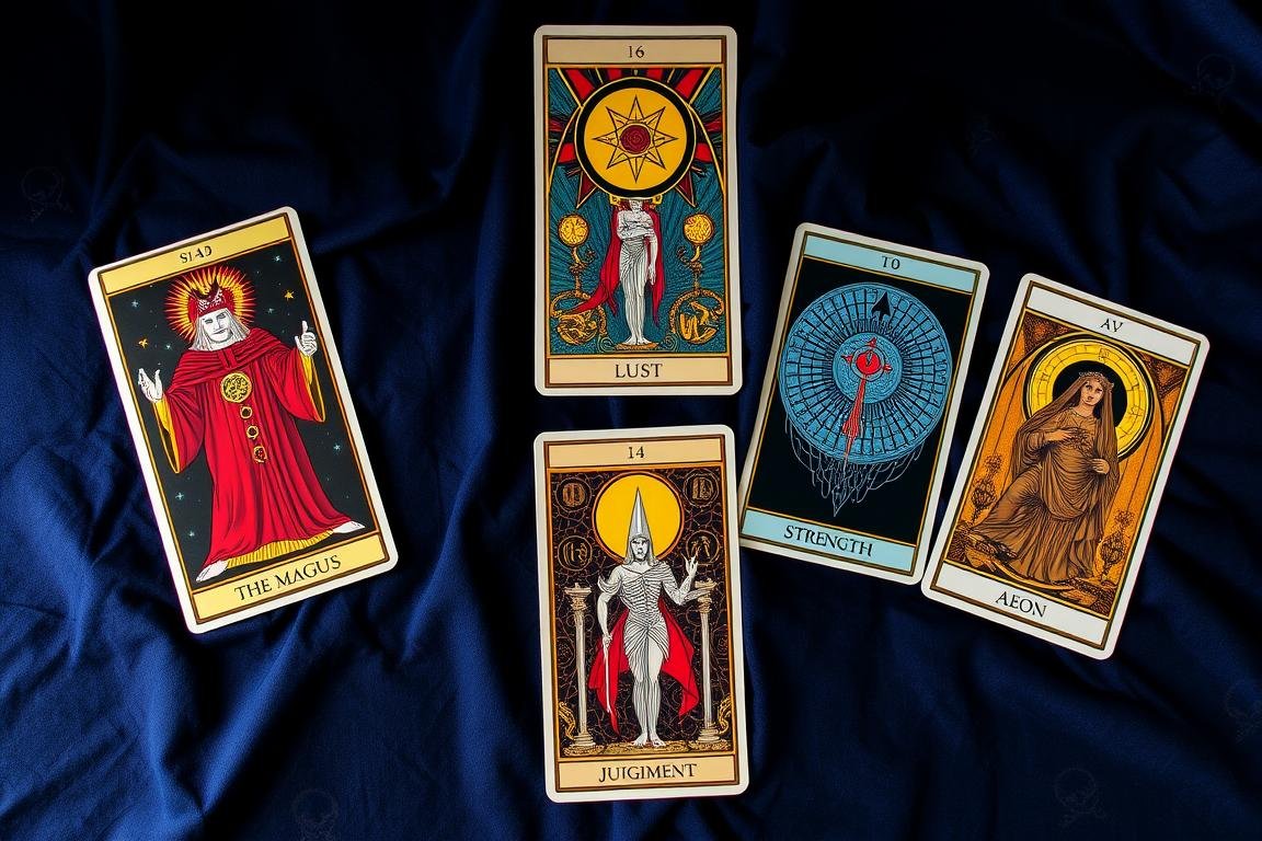 Cartas do Tarot Thoth de Aleister Crowley mostrando seu estilo artístico modernista e simbolismo complexo