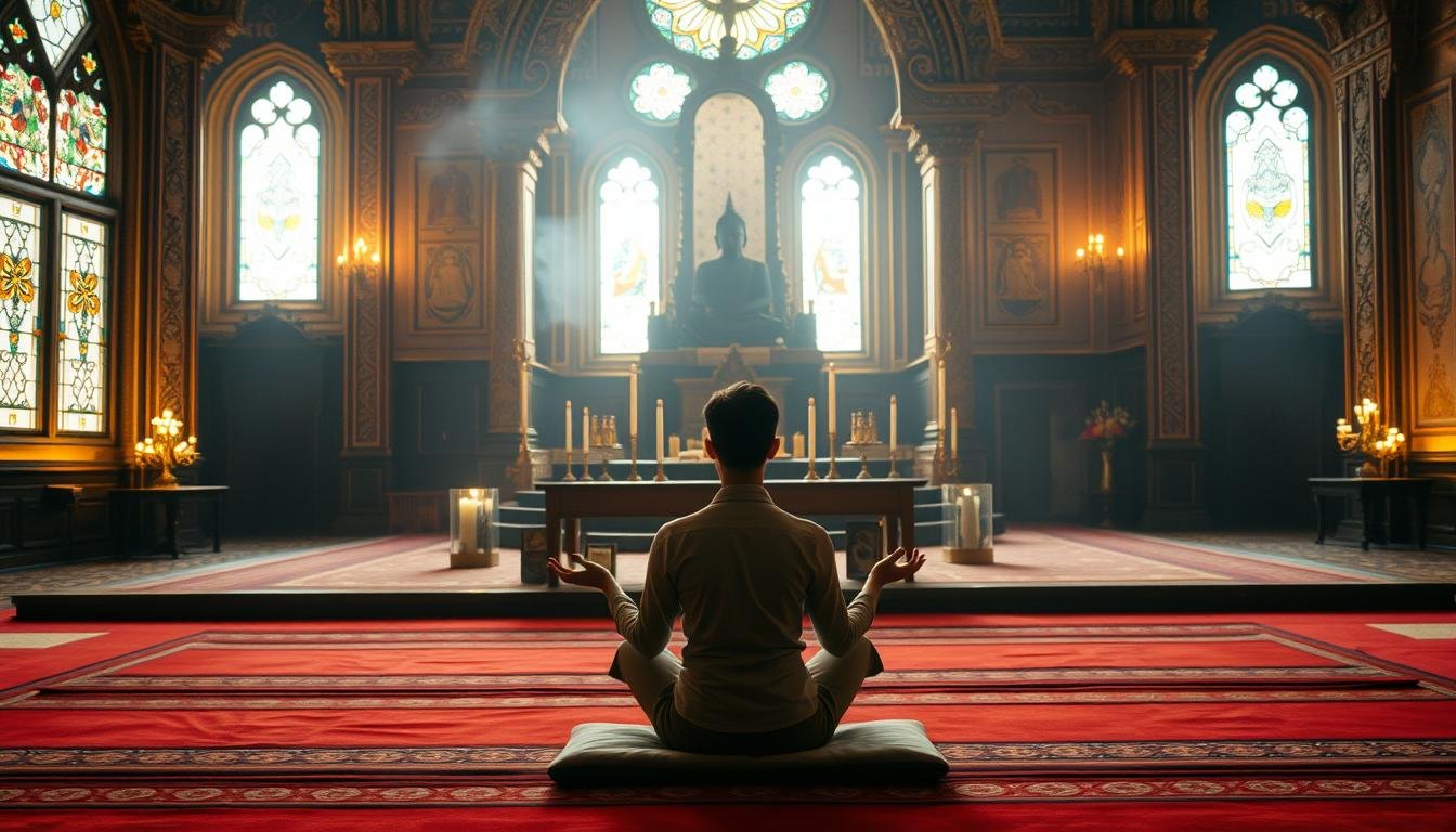 A tranquil spiritual sanctuary with a serene atmosphere. In the foreground, a person sitting cross-legged on a meditation cushion, eyes closed, hands in a meditative gesture. The middle ground features a simple altar with candles, incense, and offerings. The background depicts an ornately decorated temple interior with intricate architecture and stained glass windows, bathed in warm, soft lighting. The scene conveys a sense of profound inner peace, connection, and reverence for the divine.