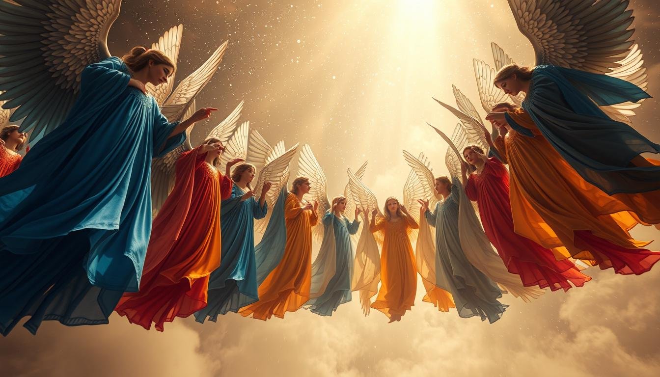 Seventy-two celestial beings, the Kabbalistic angels, grace a luminous scene. In the foreground, they hover ethereally, their flowing forms cloaked in robes of azure, gold, and crimson. Intricate, geometric patterns adorn their wings, which flutter gently, casting a soft, ambient glow. In the middle ground, the angels are arrayed in a harmonious, circular formation, their faces serene and benevolent. In the background, a nebulous, starry expanse unfolds, hinting at the vastness of the divine realm they inhabit. The lighting is soft and diffuse, creating an atmosphere of reverence and contemplation. The camera angle is slightly elevated, allowing the viewer to gaze upon the celestial gathering with a sense of awe and wonder.
