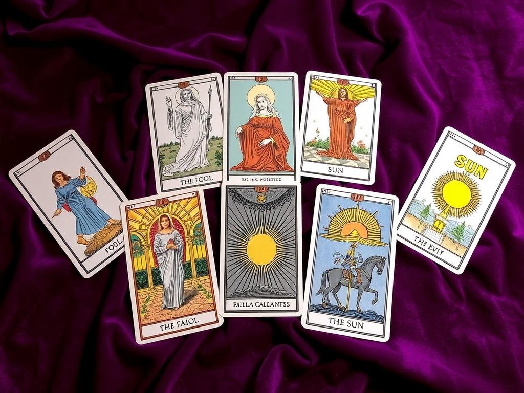 Cartas do Tarot Rider-Waite mostrando as ilustrações detalhadas de Pamela Colman Smith