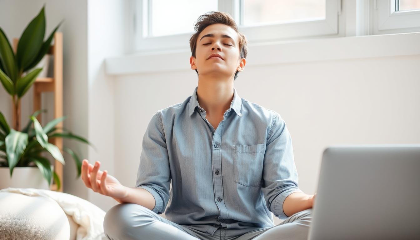 Pessoa fazendo uma pausa para meditação durante o dia, complementando o sono e recuperação