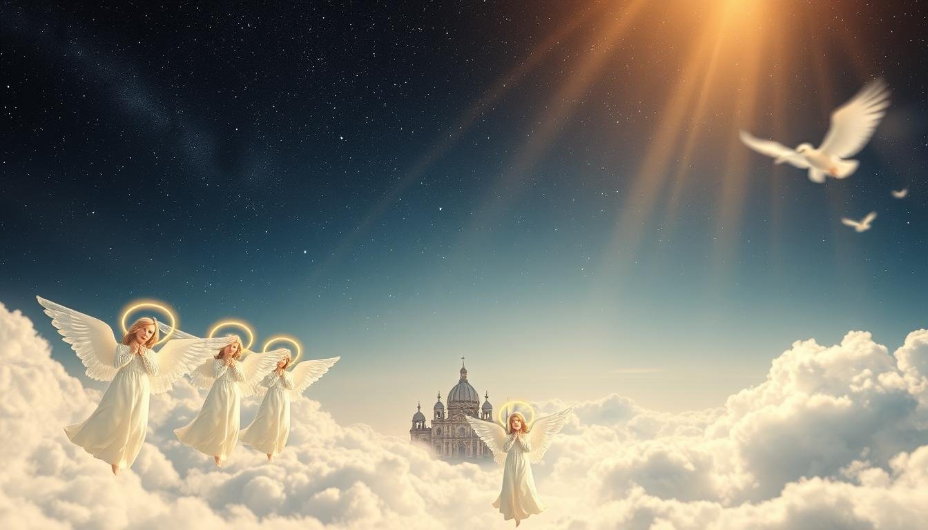 An ethereal depiction of "identificação dos anjos" against a celestial backdrop. In the foreground, a group of angelic figures with delicate, luminous features and radiant halos hover in a serene, cloud-like environment. Their translucent wings unfurl gracefully, casting a soft, ethereal glow. The middle ground reveals a vast, star-studded sky, with wispy, ethereal clouds drifting lazily. Shafts of warm, golden light pierce through, illuminating the angelic forms. In the distant background, a faint silhouette of a grand, ornate cathedral or temple can be seen, hinting at the sacred nature of the scene. The overall atmosphere is one of tranquility, wonder, and a sense of the divine.