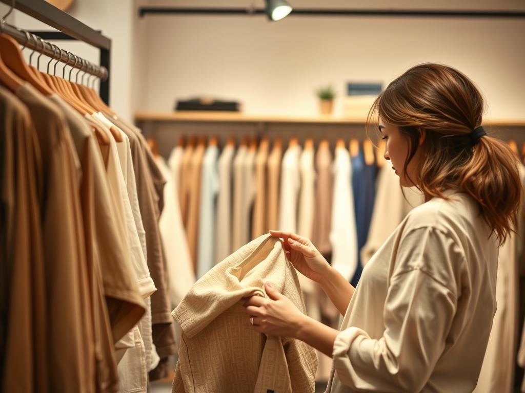 Pessoa escolhendo roupas de qualidade em loja de moda consciente e sustentável