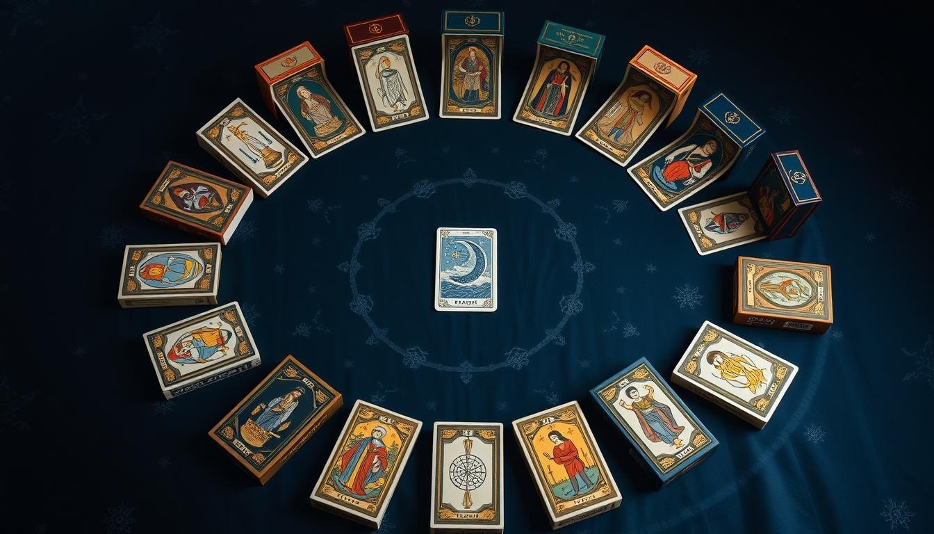 Diversos baralhos de tarot de diferentes tradições dispostos em círculo, simbolizando a diversidade e continuidade da tradição