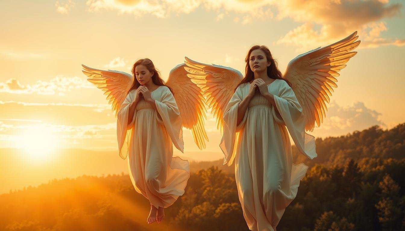 A tranquil celestial scene featuring a pair of guardian angels, their wings outstretched in a protective embrace. Soft, warm lighting illuminates their serene expressions as they hover over a peaceful landscape below, a lush forest bathed in the golden glow of the setting sun. The angels' robes flow gracefully, their movements imbued with a sense of quiet vigilance and unwavering devotion. The composition draws the viewer's gaze upward, inviting contemplation of the divine presence and the comfort of heavenly guardianship.