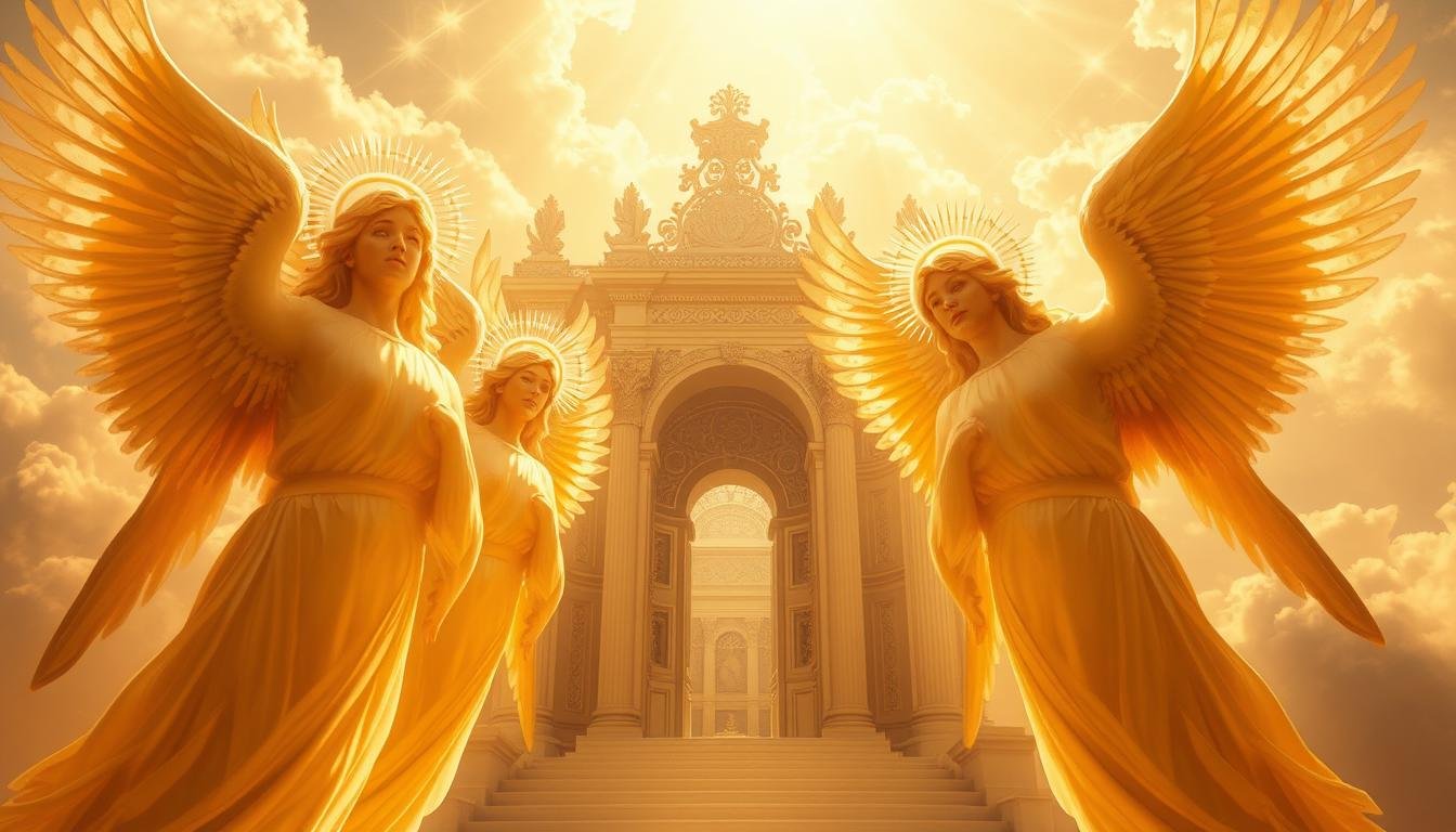 A serene celestial realm, bathed in a warm, golden light. In the foreground, serafins - the highest order of angels - depicted with six wings and radiant halos, their countenances exuding divine grace and profound devotion. Their forms shimmer with an otherworldly glow, their expressions conveying a deep, unwavering connection to the divine. In the middle ground, an intricate, ornate architectural backdrop suggests a grand, heavenly palace or temple, its towering columns and detailed moldings hinting at the grandeur of the angelic hierarchy. The background is a vast, ethereal expanse, with wispy clouds and a sense of depth that emphasizes the transcendent nature of these celestial beings. The overall scene evokes a feeling of reverence, awe, and the profound proximity of the serafins to the Almighty.