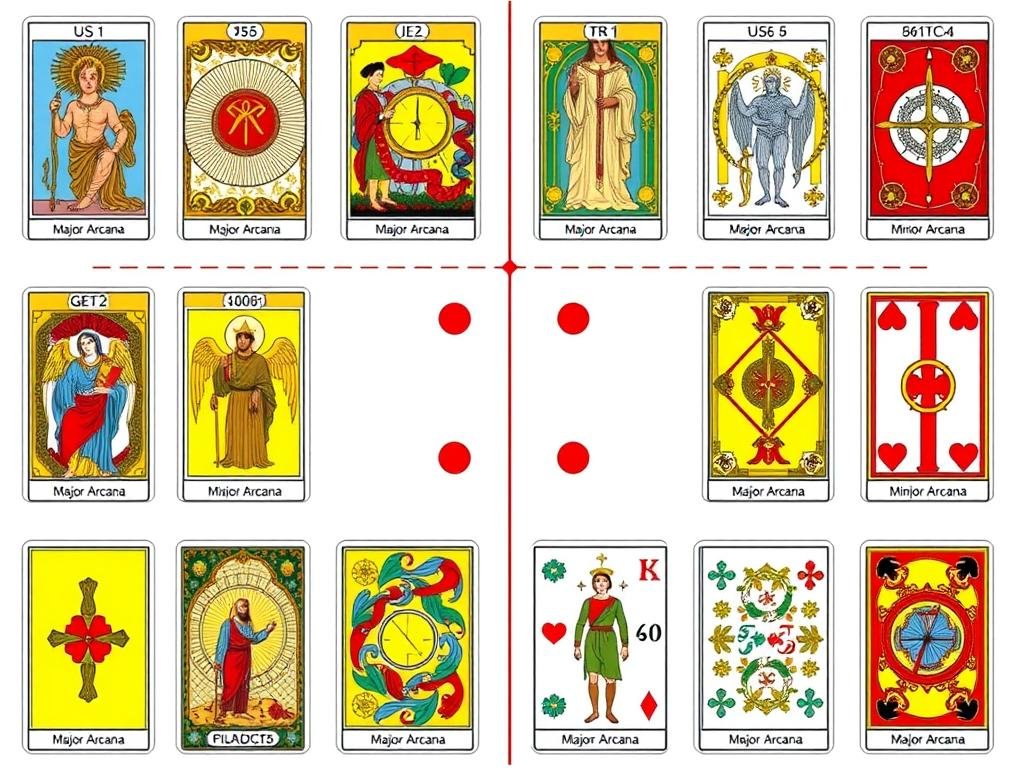 Estrutura de um baralho de tarot tradicional mostrando a divisão entre Arcanos Maiores e Menores