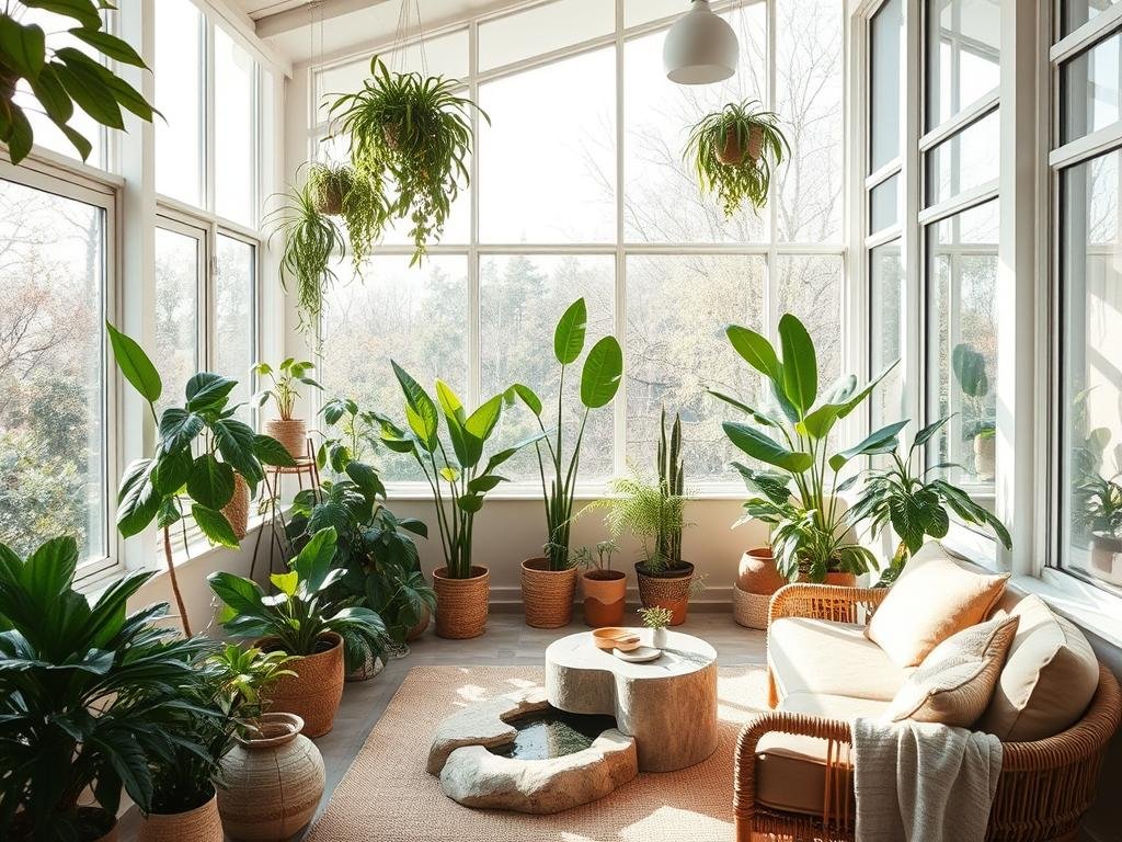 Espaço interior com elementos biofílicos como plantas, luz natural e materiais orgânicos