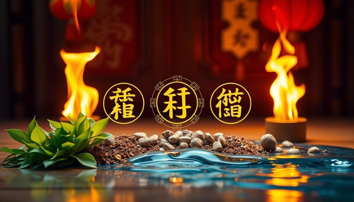 A beautifully arranged display of the five elements of Chinese astrology—Wood, Fire, Earth, Metal, and Water—set in an elegant, harmonious layout. In the foreground, depict vibrant, symbolic representations of each element: a lush green plant for Wood, flickering flames for Fire, a mound of fertile soil for Earth, gleaming metal ingots for Metal, and flowing water in a serene blue hue for Water. In the middle, include subtle zodiac symbols elegantly intertwined with each element, while in the background, softly blurred traditional Chinese motifs such as lanterns or calligraphy to enhance the cultural atmosphere. The lighting should be warm and inviting, creating a sense of tranquility and wonder. Aim for a slightly overhead angle to encapsulate the entire composition, evoking a mood of introspection and connection to the stars.