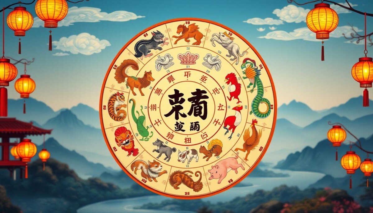A beautifully illustrated Chinese astrological calendar, showcasing the twelve zodiac animals in a circular arrangement. In the foreground, vibrant depictions of each zodiac animal—Rat, Ox, Tiger, Rabbit, Dragon, Snake, Horse, Goat, Monkey, Rooster, Dog, and Pig—are artistically rendered with intricate details and vivid colors. The middle layer features traditional Chinese motifs, such as clouds and lotus flowers, enhancing the cultural essence. The background displays a serene landscape inspired by ancient Chinese art, with soft mountains and flowing rivers under a clear blue sky. The lighting is warm and inviting, mimicking the soft glow of lanterns, creating a sense of harmony and peace. The atmosphere is rich with cultural significance and mystique, ideal for exploring the themes of destiny and zodiac interpretation.
