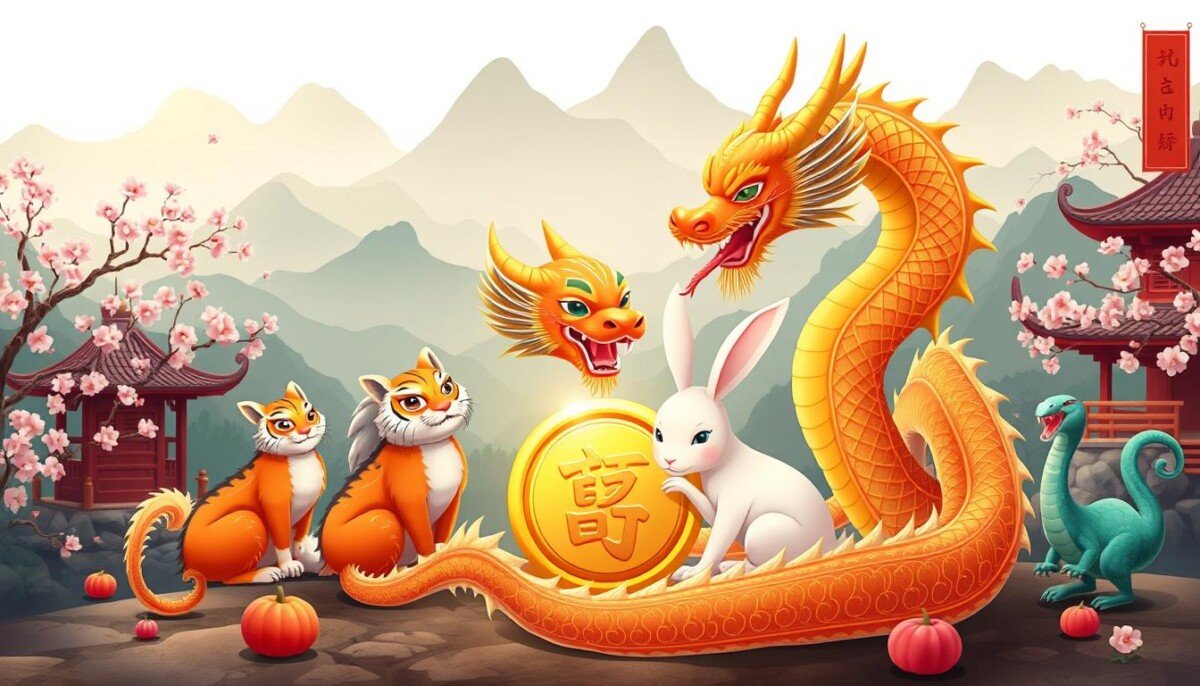 A beautifully illustrated Chinese zodiac scene, showcasing the twelve zodiac animals in a harmonious arrangement. In the foreground, feature a majestic dragon coiled around a golden coin, symbolizing prosperity, while the rabbit sits gracefully beside it, embodying luck. In the middle ground, include the other zodiac animals, like the tiger and the snake, each depicted in vibrant colors, reflecting their unique traits. The background features a serene landscape with traditional Chinese elements such as misty mountains and blossoming cherry trees under a soft, warm light. The atmosphere is serene and mystical, conveying a sense of ancient wisdom and destiny. The image should evoke a feeling of curiosity and intrigue about Chinese astrology, with no text or watermarks present.