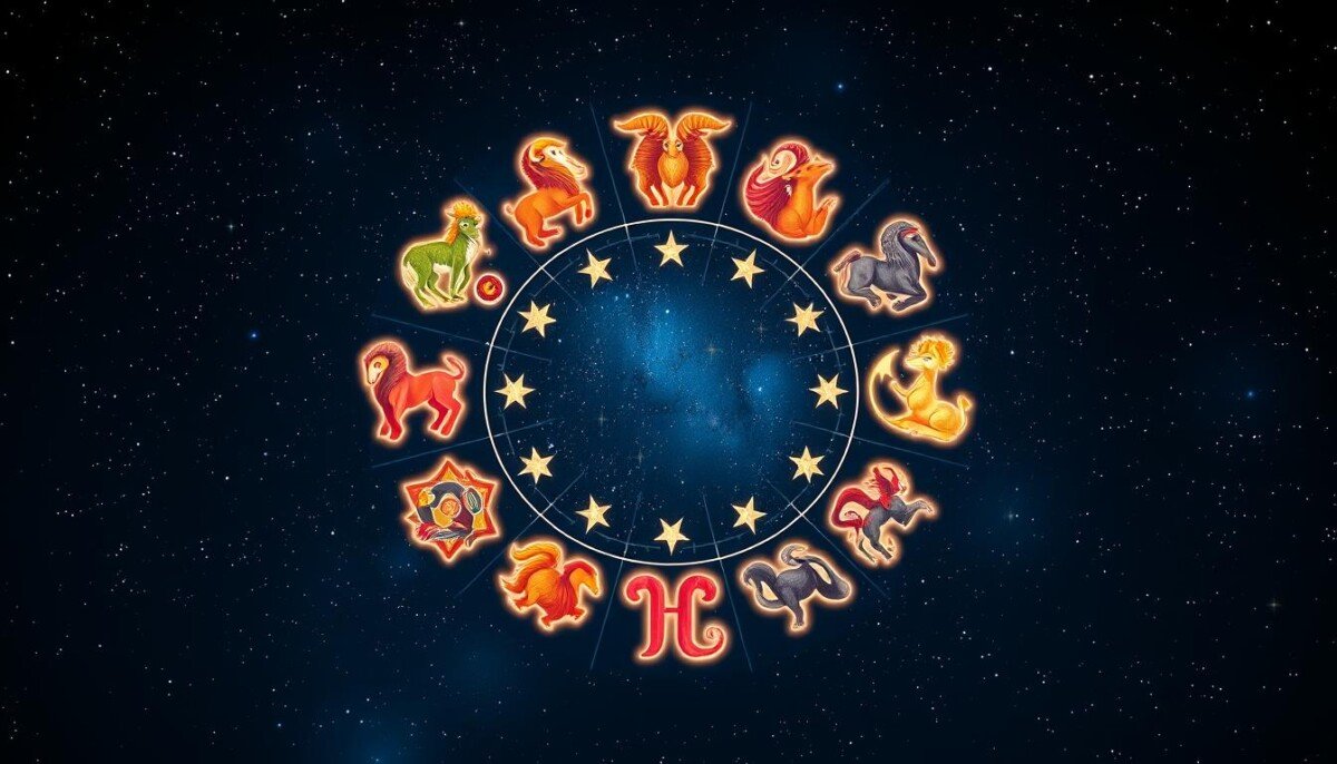 A beautifully illustrated collection of the twelve Western zodiac signs arranged in a circular pattern against a starry night sky. In the foreground, each zodiac sign is artistically represented with symbols and associated imagery: Aries with a ram, Taurus with a bull, Gemini with twin figures, and so on. The middle layer features a celestial backdrop of constellations and softly glowing stars, enhancing the astrological theme. In the background, a deep navy blue sky dotted with twinkling stars creates a mystical atmosphere. The lighting is soft and ethereal, illuminating each sign with a gentle glow, while the overall mood conveys a sense of wonder and cosmic connection. Capture the essence of astrology with vibrant colors and harmonious design elements.
