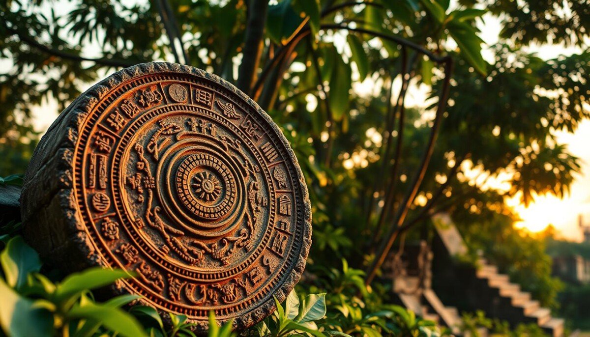 A beautifully intricate Maya calendar, vividly detailed with symbolic engravings representing solar and lunar cycles. The foreground showcases the calendar's circular stone face adorned with vibrant colors and carvings of ancient glyphs and celestial motifs. In the middle ground, lush jungle foliage surrounds the stone, with hints of ancient ruins partially visible. The background features a soft, golden sunset that casts warm light across the scene, creating a mystical atmosphere. The composition is captured at a slight angle for depth, emphasizing the textures of the stone against the greenery. The lighting highlights the intricate designs, evoking a sense of wonder and connection to the cosmos, ideal for illustrating the enigmatic nature of the Mayan astrological revelations. A beautifully intricate Maya calendar, vividly detailed with symbolic engravings representing solar and lunar cycles. The foreground showcases the calendar's circular stone face adorned with vibrant colors and carvings of ancient glyphs and celestial motifs. In the middle ground, lush jungle foliage surrounds the stone, with hints of ancient ruins partially visible. The background features a soft, golden sunset that casts warm light across the scene, creating a mystical atmosphere. The composition is captured at a slight angle for depth, emphasizing the textures of the stone against the greenery. The lighting highlights the intricate designs, evoking a sense of wonder and connection to the cosmos, ideal for illustrating the enigmatic nature of the Mayan astrological revelations.