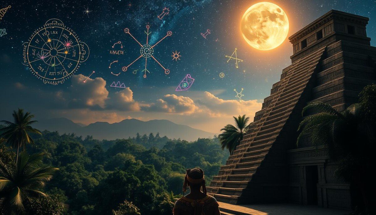 A captivating visualization of Maya mythology intertwined with astrology, featuring an ancient Maya temple in the foreground, adorned with intricate carvings of celestial bodies and mythical creatures. In the middle ground, a wise Maya priest, dressed in traditional ceremonial attire, gazes up at a starry, cosmic sky filled with vibrant constellations and astrological symbols. The background showcases a lush jungle with towering trees and distant mountains under a moonlit night, casting a serene glow. The scene is illuminated by soft, ethereal lighting, enhancing the mystical atmosphere. Use a wide-angle perspective to capture the grandeur of the temple and the cosmic expanse, evoking a sense of wonder and connection to the cosmos. A captivating visualization of Maya mythology intertwined with astrology, featuring an ancient Maya temple in the foreground, adorned with intricate carvings of celestial bodies and mythical creatures. In the middle ground, a wise Maya priest, dressed in traditional ceremonial attire, gazes up at a starry, cosmic sky filled with vibrant constellations and astrological symbols. The background showcases a lush jungle with towering trees and distant mountains under a moonlit night, casting a serene glow. The scene is illuminated by soft, ethereal lighting, enhancing the mystical atmosphere. Use a wide-angle perspective to capture the grandeur of the temple and the cosmic expanse, evoking a sense of wonder and connection to the cosmos.