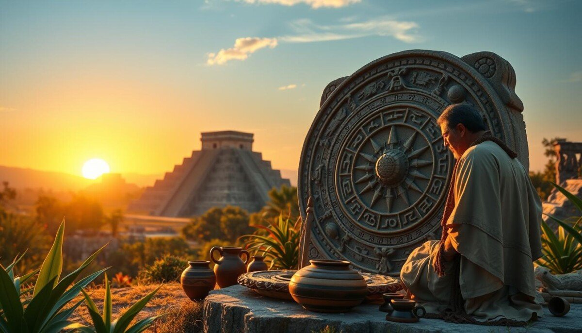 A detailed scene depicting an ancient Mayan astrological setting, showcasing a beautifully ornate stone calendar with intricate carvings and symbols representing celestial bodies. In the foreground, a knowledgeable Mayan priest, dressed in traditional garb, is studying the calendar with attention, surrounded by natural elements like vibrant tropical plants and a clear blue sky. In the middle ground, additional cultural artifacts such as ritualistic pottery and tools used for astronomical observations. The background features the silhouette of ancient Mayan pyramids against a soft sunset, casting warm golden and orange hues across the landscape. The atmosphere is serene and mystical, inviting viewers into the world of Mayan astrology. The lighting is warm and natural, emphasizing the detailed textures of the stone and the vibrant colors of the foliage. A detailed scene depicting an ancient Mayan astrological setting, showcasing a beautifully ornate stone calendar with intricate carvings and symbols representing celestial bodies. In the foreground, a knowledgeable Mayan priest, dressed in traditional garb, is studying the calendar with attention, surrounded by natural elements like vibrant tropical plants and a clear blue sky. In the middle ground, additional cultural artifacts such as ritualistic pottery and tools used for astronomical observations. The background features the silhouette of ancient Mayan pyramids against a soft sunset, casting warm golden and orange hues across the landscape. The atmosphere is serene and mystical, inviting viewers into the world of Mayan astrology. The lighting is warm and natural, emphasizing the detailed textures of the stone and the vibrant colors of the foliage.