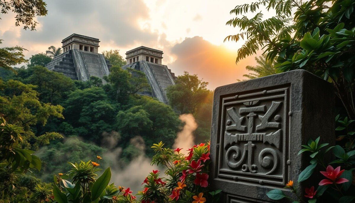 A lush Maya jungle landscape at dawn, with ancient pyramids partially covered by vibrant green foliage in the background. In the foreground, a detailed stone carving of a Maya glyph, surrounded by colorful flowers and leaves. A soft golden light filters through the trees, casting gentle shadows and highlighting the intricate details of the glyph. The scene exudes a sense of mystery and history, inviting the viewer to explore the rich culture of the Maya civilization. The atmosphere is serene, with mist rolling in from the jungle floor, creating a dreamlike quality. Shot with a wide-angle lens to capture the grandeur of the pyramids and the beauty of nature. A lush Maya jungle landscape at dawn, with ancient pyramids partially covered by vibrant green foliage in the background. In the foreground, a detailed stone carving of a Maya glyph, surrounded by colorful flowers and leaves. A soft golden light filters through the trees, casting gentle shadows and highlighting the intricate details of the glyph. The scene exudes a sense of mystery and history, inviting the viewer to explore the rich culture of the Maya civilization. The atmosphere is serene, with mist rolling in from the jungle floor, creating a dreamlike quality. Shot with a wide-angle lens to capture the grandeur of the pyramids and the beauty of nature.