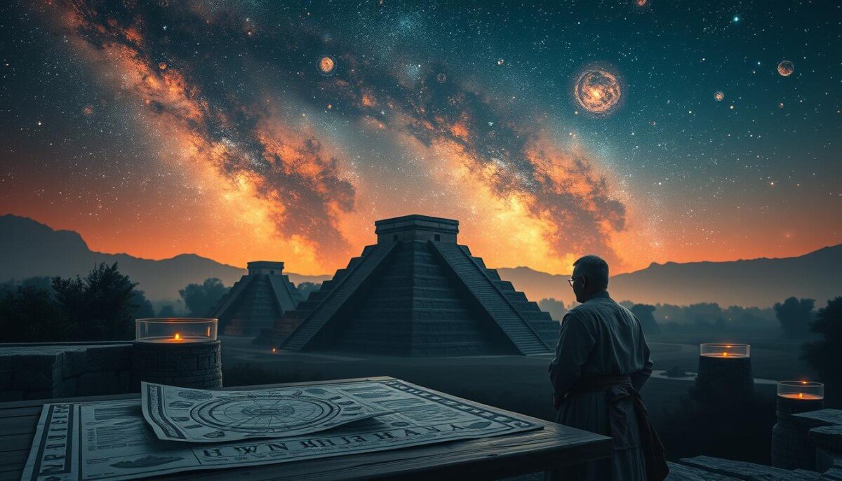 A mesmerizing depiction of "Mayan Cosmic Events," showcasing an ancient Mayan astrologer gazing at a star-filled sky, surrounded by intricate stone carvings of celestial bodies. In the foreground, the astrologer is dressed in traditional attire, meticulously observing astronomical charts laid out on a wooden table. The middle ground features towering pyramids silhouetted against the twilight sky, each adorned with glyphs representing planets and constellations. The background showcases a stunning cosmic tapestry, with vibrant nebulae and swirling galaxies illuminating the night. Soft, ethereal lighting enhances the mystical atmosphere, casting subtle shadows. Capture a sense of wonder and reverence, as if witnessing the connection between the cosmos and ancient wisdom. Use a wide-angle lens to emphasize the grandeur of the scene. A mesmerizing depiction of "Mayan Cosmic Events," showcasing an ancient Mayan astrologer gazing at a star-filled sky, surrounded by intricate stone carvings of celestial bodies. In the foreground, the astrologer is dressed in traditional attire, meticulously observing astronomical charts laid out on a wooden table. The middle ground features towering pyramids silhouetted against the twilight sky, each adorned with glyphs representing planets and constellations. The background showcases a stunning cosmic tapestry, with vibrant nebulae and swirling galaxies illuminating the night. Soft, ethereal lighting enhances the mystical atmosphere, casting subtle shadows. Capture a sense of wonder and reverence, as if witnessing the connection between the cosmos and ancient wisdom. Use a wide-angle lens to emphasize the grandeur of the scene.