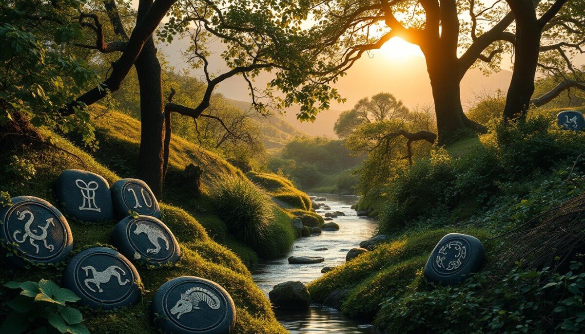 A mystical and enchanting Celtic scene showcasing the symbols of the Celtic zodiac, artistically arranged throughout the foreground. Each symbol is beautifully engraved on ancient stone tablets, surrounded by lush greenery and entwined with vines and flowers. In the middle ground, a gentle stream flows through a forest, reflecting dappled sunlight that filters through the leaves above, creating a serene and magical atmosphere. The background features misty hills and ancient trees under a soft, glowing sunset that bathes the scene in warm hues. The mood is mystical and inviting, evoking a sense of discovery and connection to nature and astrology. The image should be rich in detail, with intricate designs visible on the stone tablets and a harmonious balance of color throughout the landscape.