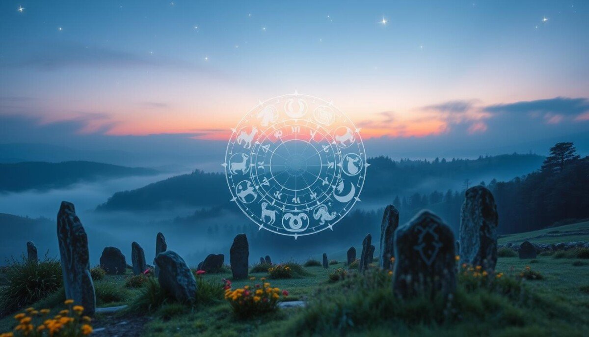 A mystical representation of Celtic astrology's history, featuring a serene landscape with ancient standing stones in the foreground, surrounded by lush greenery and seasonal flowers. In the middle ground, an ethereal wheel of zodiac signs, each representing a different Celtic animal symbol, glows softly under a twilight sky illuminated by stars. The background displays rolling hills leading to a misty forest, evoking a sense of wonder and connection to nature. The scene is bathed in gentle blue and purple hues, creating a tranquil and contemplative atmosphere. The lighting is soft and diffused, enhancing the otherworldly feel, captured from a slightly elevated angle to encapsulate the full majesty of this ancient wisdom.
