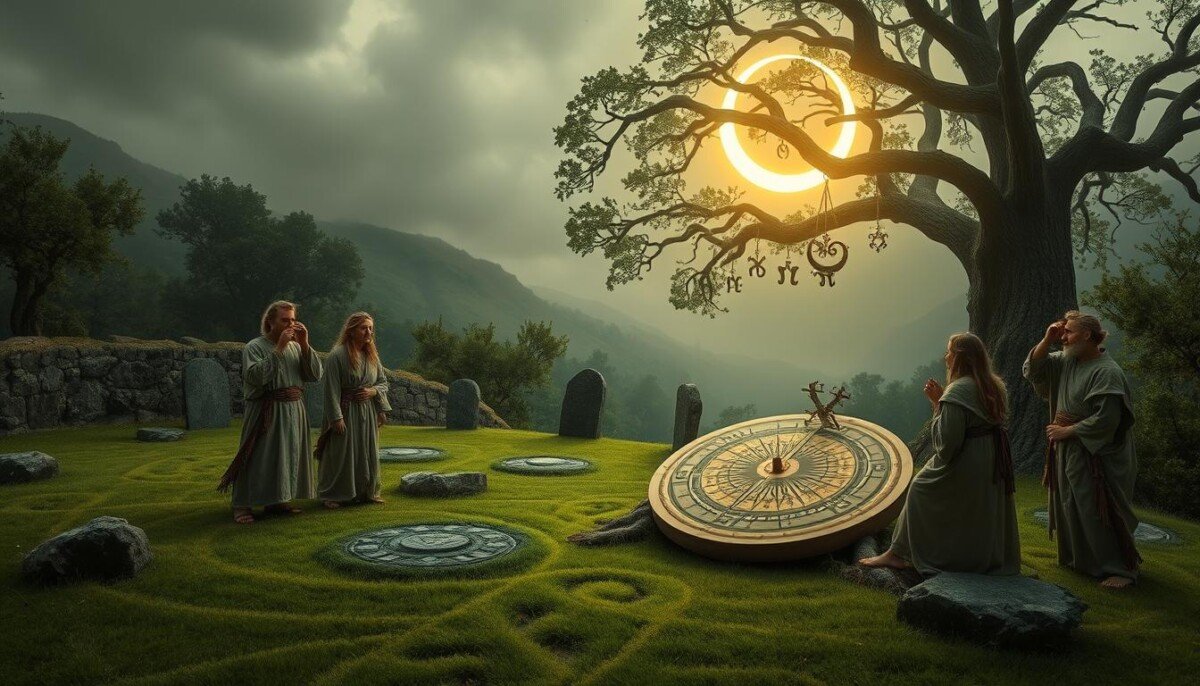 A mystical scene depicting ancient Druids in a lush, green Celtic forest, surrounded by stone circles and astrological symbols carved into the ground. In the foreground, a group of three Druids, dressed in modest, flowing robes adorned with natural motifs, are intently studying the stars through a large, intricately designed astrolabe. The middle ground features a glowing crescent moon casting soft, ethereal light across the scene, illuminating a nearby oak tree with hanging charms representing the zodiac signs. In the background, misty hills offer a serene and enchanting atmosphere. The lighting is ambient and magical, with a focus on celestial features. The overall mood should evoke a sense of ancient wisdom and connection to the cosmos.