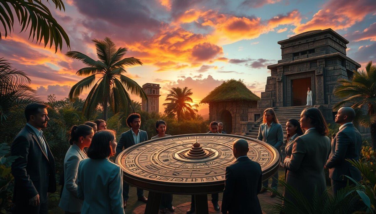 A mystical scene depicting the future of Mayan astrology. In the foreground, a diverse group of scholars in professional attire is gathered around an intricate, ancient astrological wheel, studying celestial symbols. Their expressions show curiosity and wonder. The middle ground features lush, tropical vegetation and a stone temple decorated with Mayan glyphs, softly illuminated by golden sunlight filtering through the leaves. In the background, a twilight sky rich with vibrant colors transitions from deep purples to fiery oranges, with constellations that reference ancient Mayan astronomy. The atmosphere is serene yet charged with possibility, invoking a sense of exploration into the mysteries of time and the cosmos. A wide-angle view enhances the grandeur of the scene, while soft, ambient lighting adds a touch of warmth and intrigue. A mystical scene depicting the future of Mayan astrology. In the foreground, a diverse group of scholars in professional attire is gathered around an intricate, ancient astrological wheel, studying celestial symbols. Their expressions show curiosity and wonder. The middle ground features lush, tropical vegetation and a stone temple decorated with Mayan glyphs, softly illuminated by golden sunlight filtering through the leaves. In the background, a twilight sky rich with vibrant colors transitions from deep purples to fiery oranges, with constellations that reference ancient Mayan astronomy. The atmosphere is serene yet charged with possibility, invoking a sense of exploration into the mysteries of time and the cosmos. A wide-angle view enhances the grandeur of the scene, while soft, ambient lighting adds a touch of warmth and intrigue.
