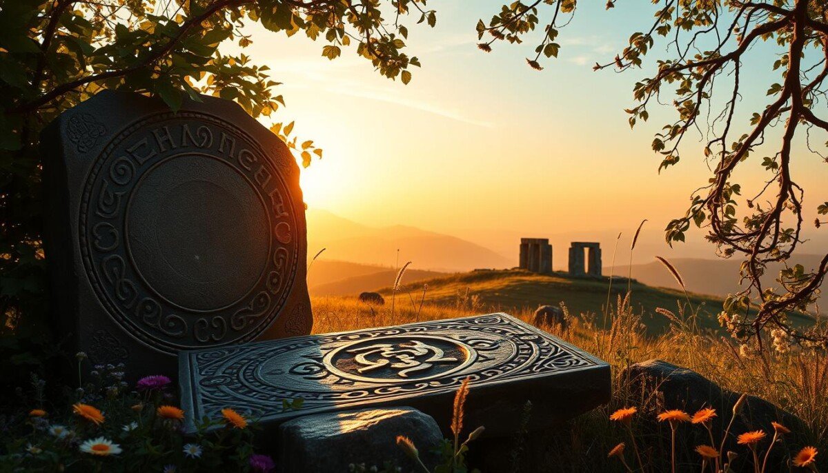 A richly detailed Celtic astrological scene, showcasing various symbols representing the planets and nature intertwined with traditional Celtic knots and designs. In the foreground, display a beautifully crafted ancient stone tablet inscribed with the zodiac symbols, surrounded by lush green foliage and wildflowers. The middle ground features a serene landscape, with rolling hills and a distant stone circle bathed in soft, golden sunlight, creating a warm and inviting atmosphere. In the background, a tranquil, hazy sky transitions from soft blues to warm oranges at sunset. The image should convey a sense of mystery and harmony with nature, inviting viewers to explore the ancient wisdom of Celtic astrology. The composition should be captured from a slightly elevated angle for a panoramic view, emphasizing depth and detail throughout the scene.