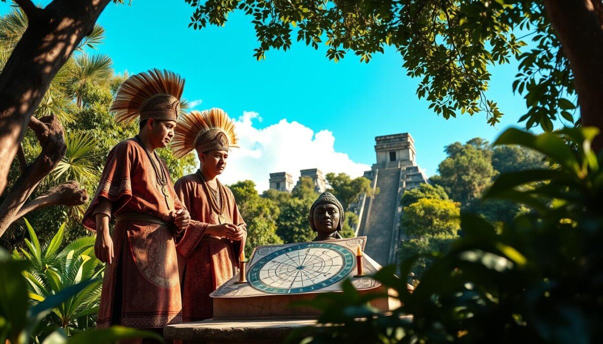 A serene Maya temple setting under a clear blue sky, with two male priests in traditional Maya attire, intricately patterned tunics with ceremonial headdresses, centered in the foreground. They stand next to a stone altar adorned with candles and sacred symbols, studying an ancient astrological chart. The middle ground features lush jungle vegetation framing the scene, enhancing its mystical atmosphere. The background reveals ancient stone carvings and pyramids, hinting at the rich Maya civilization. Soft, warm lighting filters through tree leaves, casting dappled shadows on the ground, creating an inviting yet reverent mood. The camera angle is slightly low, emphasizing the priests' concentration and the significance of their astrological studies. A serene Maya temple setting under a clear blue sky, with two male priests in traditional Maya attire, intricately patterned tunics with ceremonial headdresses, centered in the foreground. They stand next to a stone altar adorned with candles and sacred symbols, studying an ancient astrological chart. The middle ground features lush jungle vegetation framing the scene, enhancing its mystical atmosphere. The background reveals ancient stone carvings and pyramids, hinting at the rich Maya civilization. Soft, warm lighting filters through tree leaves, casting dappled shadows on the ground, creating an inviting yet reverent mood. The camera angle is slightly low, emphasizing the priests' concentration and the significance of their astrological studies.
